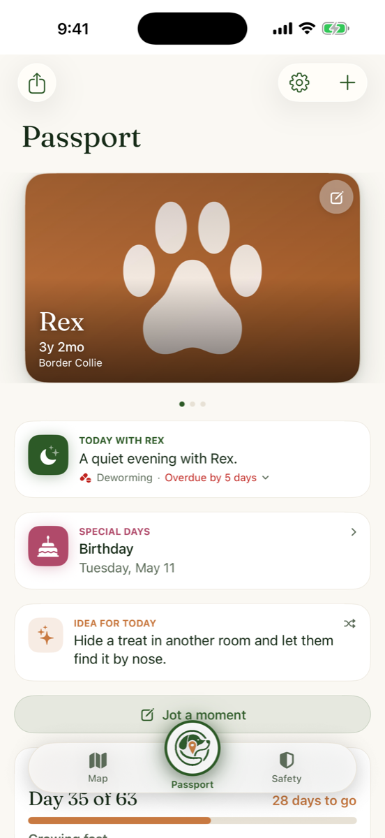 The LeashUp passport screen: a dog profile with care reminders, special days and daily ideas